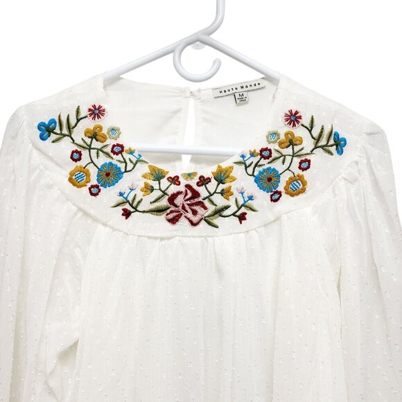 White Peasant Blouse With Floral Embroidery & 3/4 Sleeves By Haute Monde Size M - Picture 4 of 12